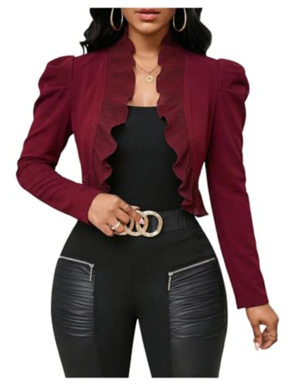 Ruffle Cropped Blazer Puff Sleeve Open Front Business Casual Bolero
